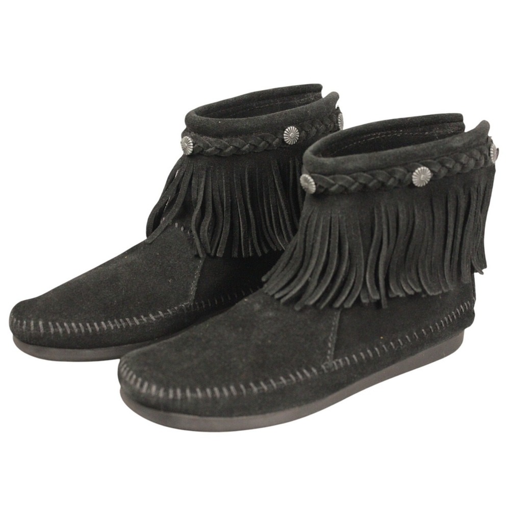 Minnetonka 299‎ Black Suede Back Zip Fringe Ankle Boots Womens 8 Concho Boho